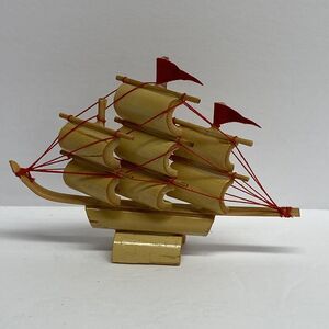 Miniature 3" Sailing Ship 1960's Handcrafted Solid Bamboo Wood Model Vintage